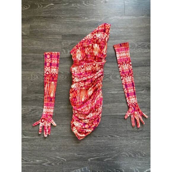 NWOT Miscreants London x Revolve Pink / Orange Printed One Shoulder Mini US 4 - Picture 3 of 4